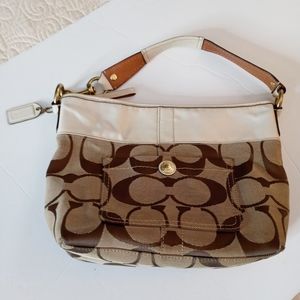 Coach Brown/Tan/Cream Jacquard Signature Shoulder Bag- Cream Leather Strap 11957